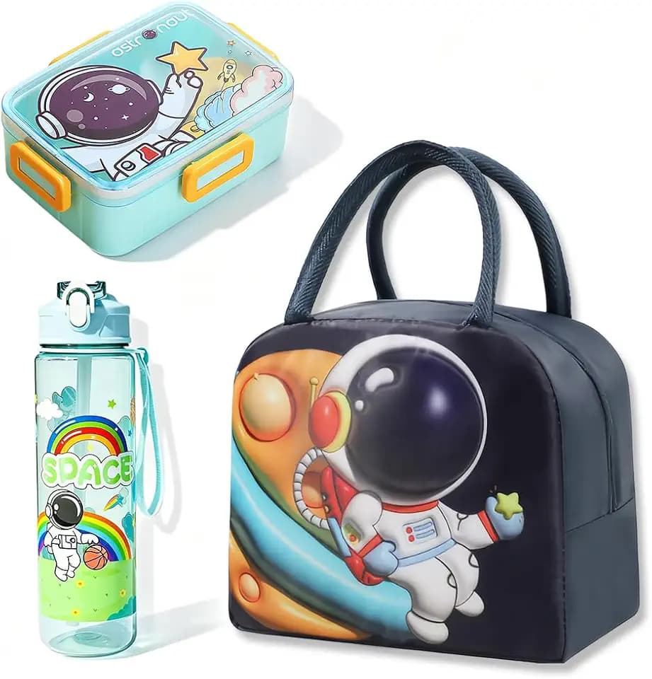 Astronauten Lunchbox mit Schwarz Trinkflasche 500 ml Sowie Eine Astronauten Wärmepakete,Tragbare Brotdosemit,Schüler Bento Box Perfekt für Schule, Kindergarten und Ausflüge (Grün)