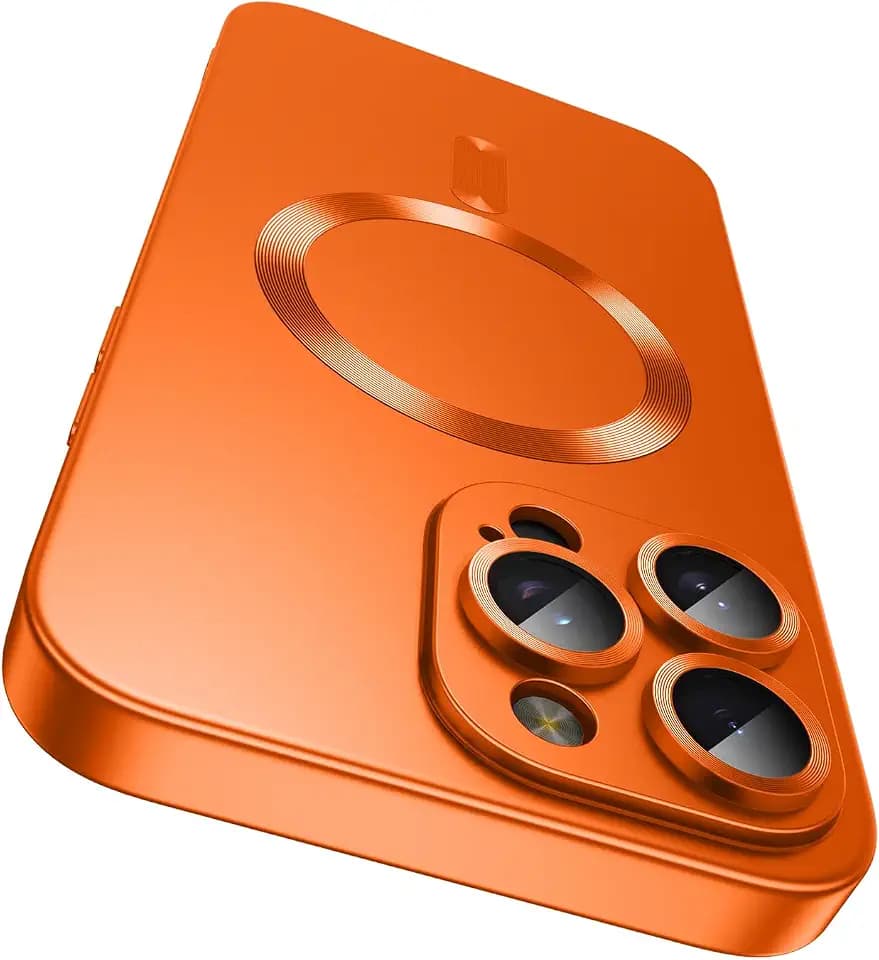 LEKEVO Magnetic for iPhone 14 Pro Max Case [Compatible with MagSafe][Built-in Camera Lens Protector] Slim Soft TPU Bumper Shockproof Metallic Luster Phone Case (Orange)