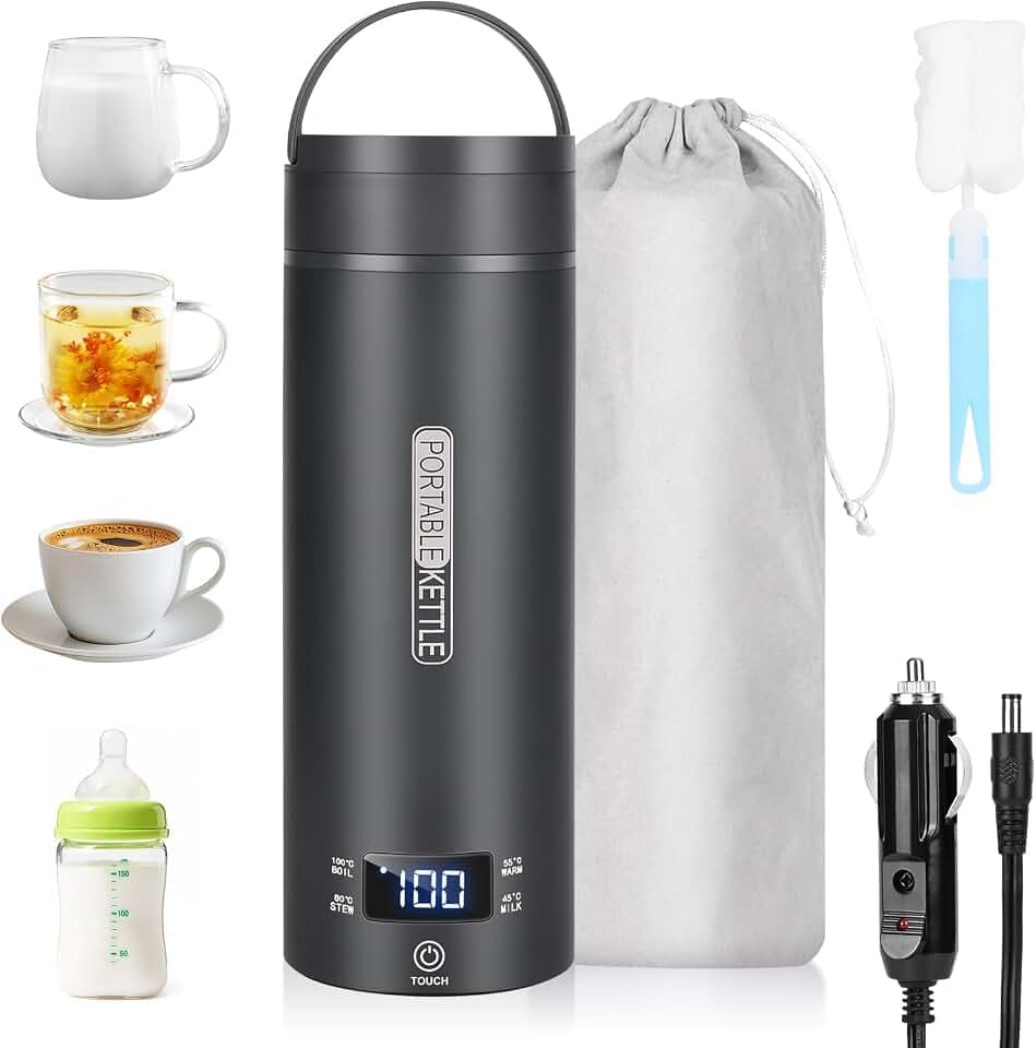 Dreamhigh® Reisewasserkocher, 450ml Mini Wasserkocher, 96W Wasserkocher Klein aus Edelstahl, Auto Wasserkochers, Unterwegs Heizung Automatisch Abschalten für Tee,Kaffee,Babymilch Auto (Schwarz)