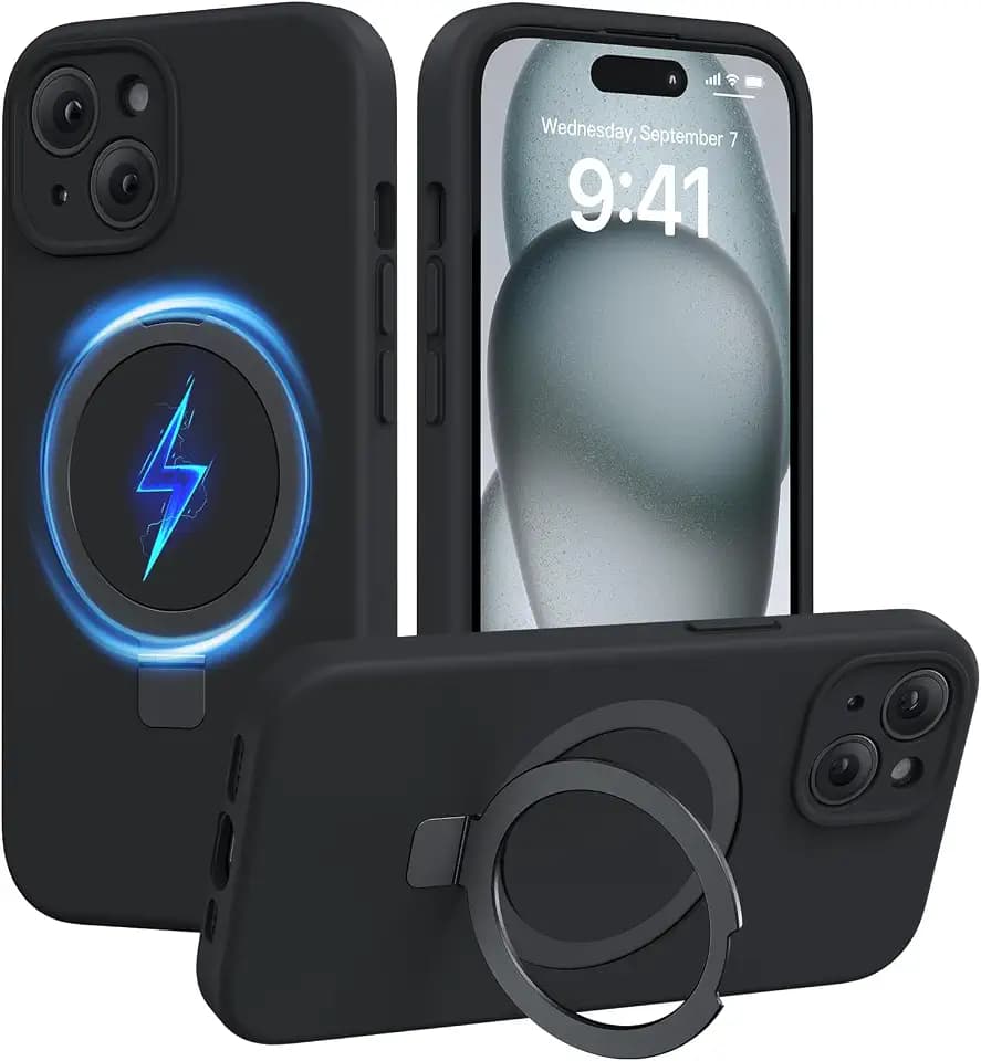 Miracase Silicone & Magnetic for iPhone 15 Case with Stand, Midnight Black