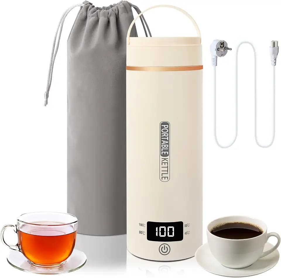 Reisewasserkocher Klein,Schnell Wasser Kochen Kleiner Wasserkocher Reise für Unterwegs Mini Wasserkocher Tragbarer 316 Edelstahl,Heizung Automatisch Abschalten für Tee,Kaffee,Babymilch(Beige, 400ML)