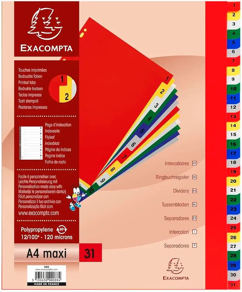 Exacompta 20 Register PP 31 nummerierte Taben 1-31 farbig A4 Maxi