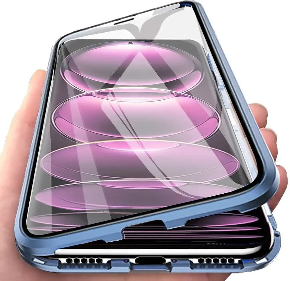 Hülle für Xiaomi Redmi Note 12 Pro, Magnetische Hartglas Hülle mit Vorderseite und Rückseite, Metallrahmen Case mit Eingebaut Magnet, Ultra Dünn 360 Grad Handyhülle, Blau