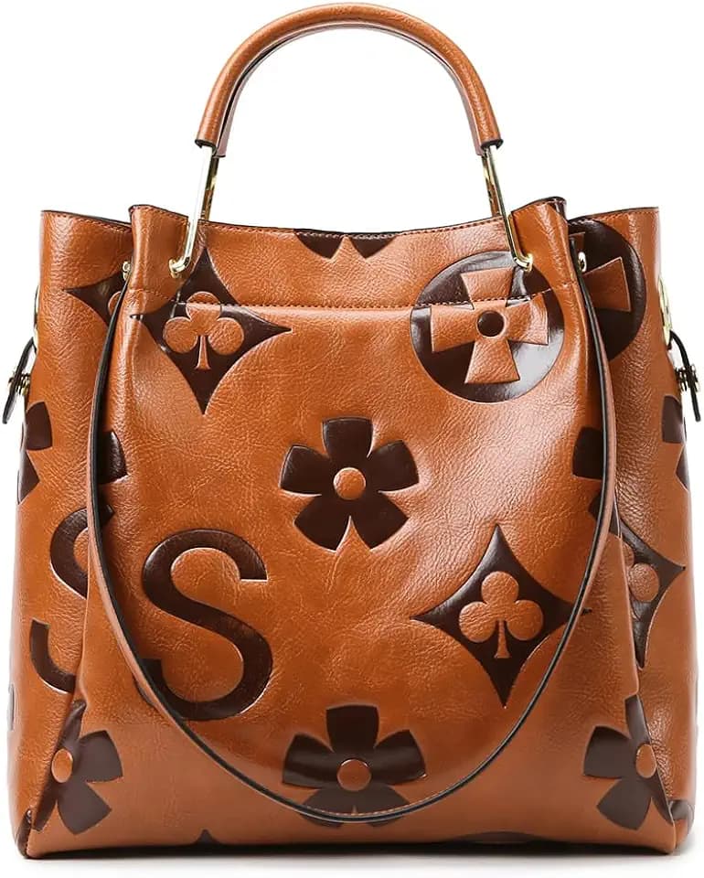hibear Bucket Bag for Women,Floral Embossed Tote Bag Trendy Vintage Crossbody Bag Large Vegan Leather Hobo Shoulder Handbag