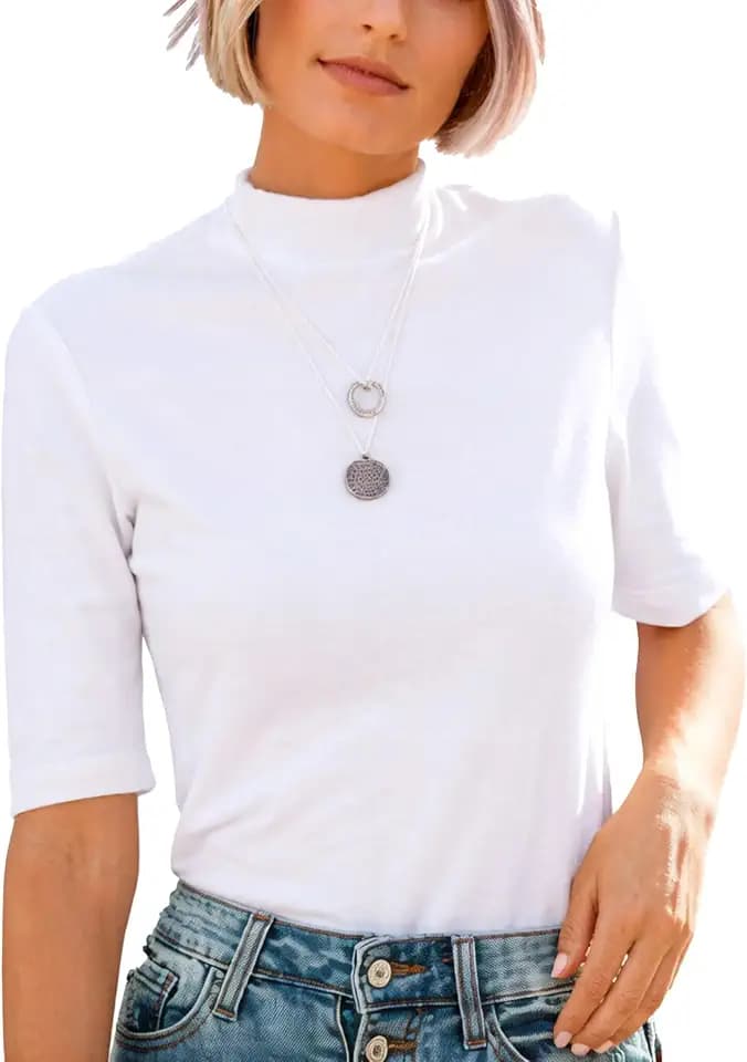 Dressmine Women's Mock Turtle Neck Tops Slim Fitted Half Sleeve Cute Plain Knit T Shirt