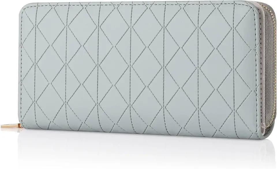 Womens Wallet PU Soft Leather Clutch Wallets For Women Bi-fold Credit Card Holder ID Window Coin and Cash Organizers Long Ladies Wallet With Large Capicity Zipper Pocket, Light Blue Grey