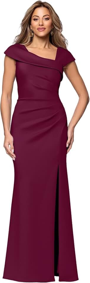 Xscape Women's Long Bodycon Formal Evening Gown with Cap Sleeves, Asymmetrical Neckline, Ruched Bodice and Front Slit