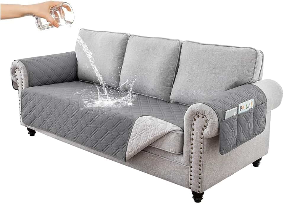 Hggzeg Sofabezug für 3-Sitzer, wasserdicht und rutschfest, Sofaschoner mit Seitentasche, waschbarer Sofaschoner für Kinder/Haustiere (Grau)