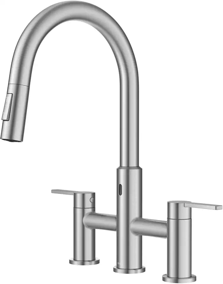 KRAUS Oletto Touchless Sensor Bridge Kitchen Faucet with Pull-Down Sprayhead in Spot-Free Stainless Steel, KSF-3122SFS