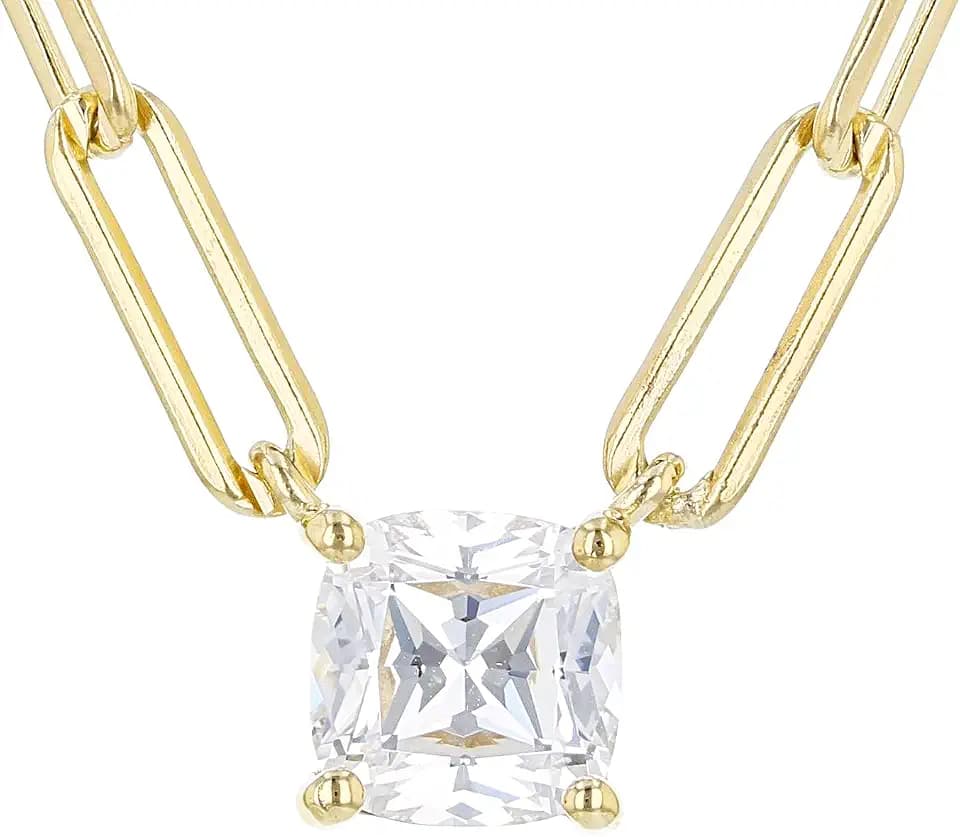 JTV Trendy Paperclip Chain Layering Necklace for Women - Sterling Silver - CZ Solitaire Pendant - Elegant Cubic Zirconia Jewelry - Gift Box Included - 18"