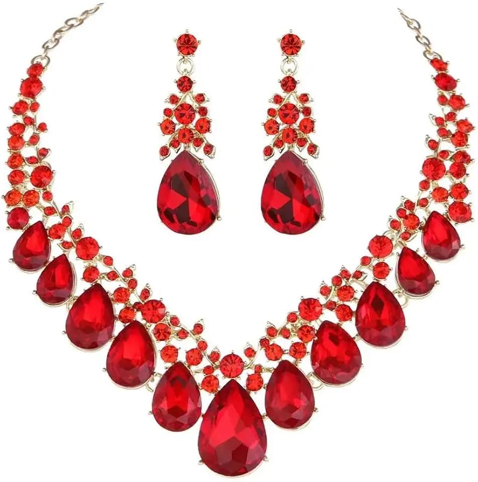 Crystal Teardrop Bridal Jewelry Set Rhinestone Bib Statement Necklace Dangle Earrings Women Costume Fashion Necklace for Wedding Prom