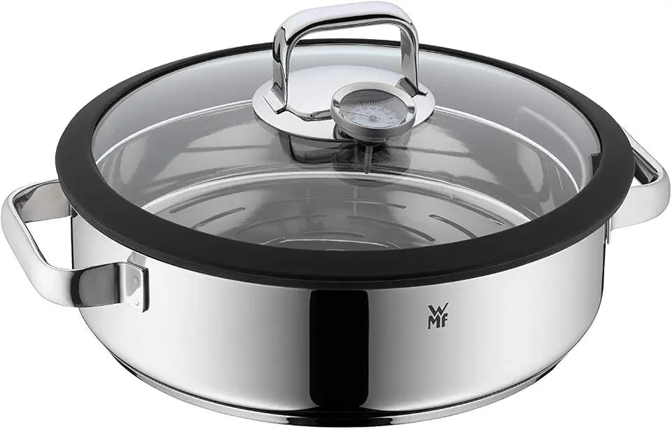 WMF Vitalis Aroma Dampfgarer 28 cm, Dampfgarer Topf, Bräter rund 5,0l, Dampfgartopf, Glasdeckel mit Silikonrand, Garthermometer, Garblech, Cromargan Edelstahl unbeschichtet, backofenfest