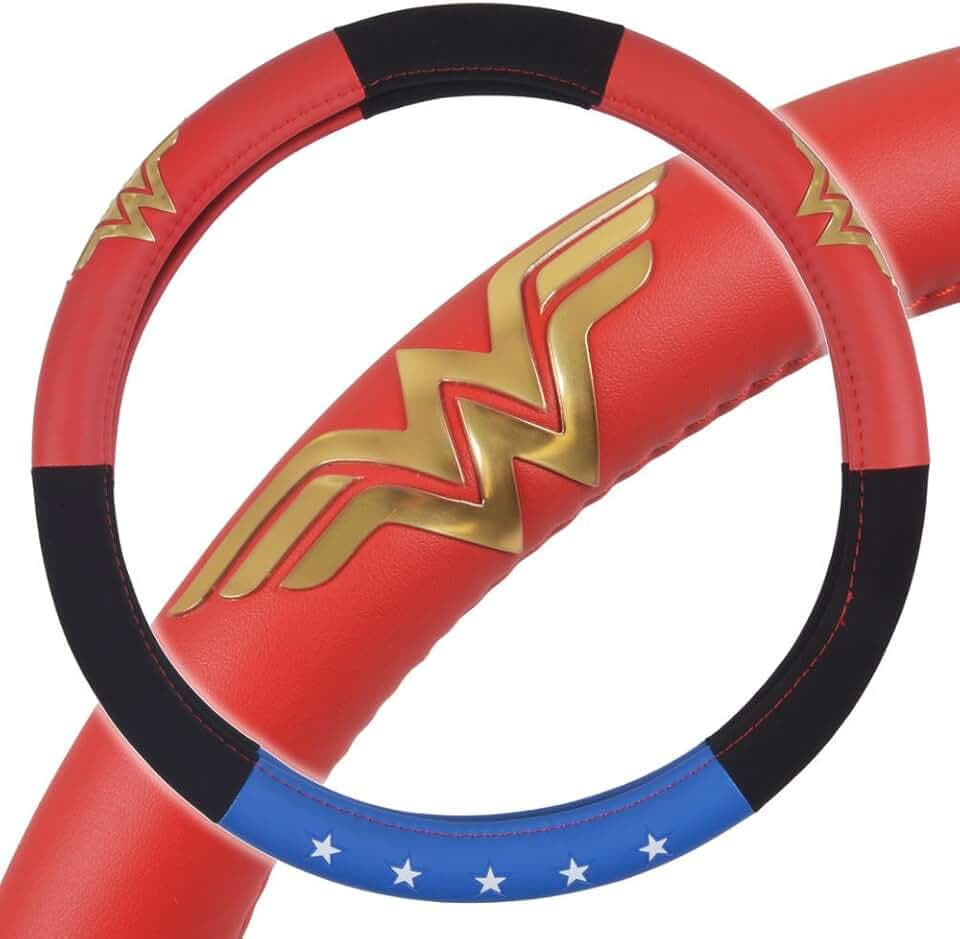 BDK Wonder Woman Steering Wheel Cover - Synthetic Leather - Stars & Gold Logo - Fits All Standard Size Wheel 15 Inch, Model Number: WBSW-1904