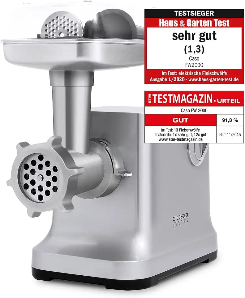 Caso FW2000 Elektrischer Fleischwolf, Testsieger Haus & Garten Test, inkl. Spritzgebäck, Aufsatz 800 W nominal, 2000 W locked, ca. 2kg/ Minute, Alu Guss Gehäuse