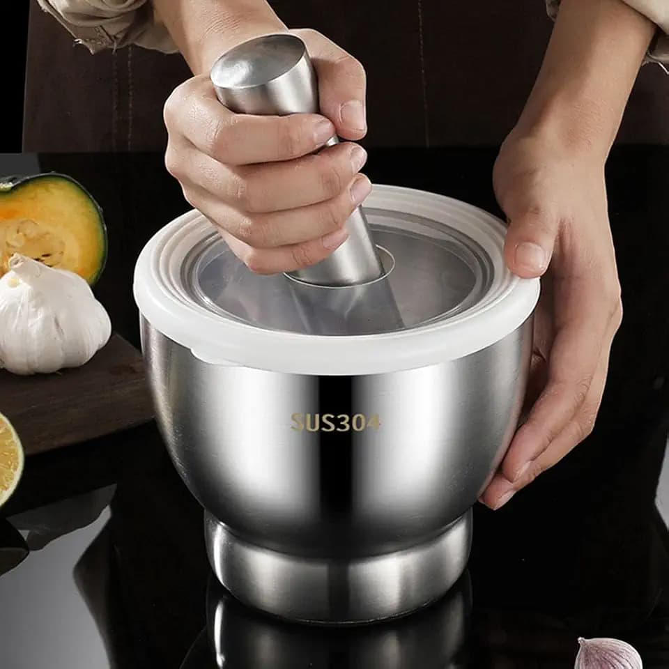 Mörser und Stößel-Set, 12,7 cm, große Kapazität, Edelstahl, schwer poliert, verbesserte Leistung, Gewürzmühle mit Deckel