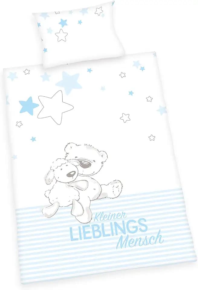 Herding Baby Best Bio-Bettwäsche-Set, GOTS-zertifiziert, Wendemotiv, Kopfkissenbezug 40 x 60 cm mit Hoteleinschlag, Bettbezug 100 x 135 cm mit Knopfleiste, Baumwolle/Flanell, Blau