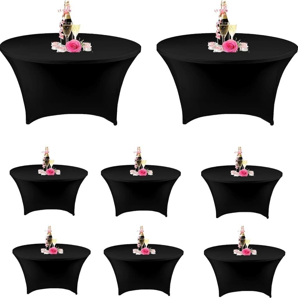 SSYAQRA 8 Pack 60 Inch Black Spandex Tablecloth - 5FT Round Stretch Elastic Table Cover for Wedding, Event & Parties, Washable