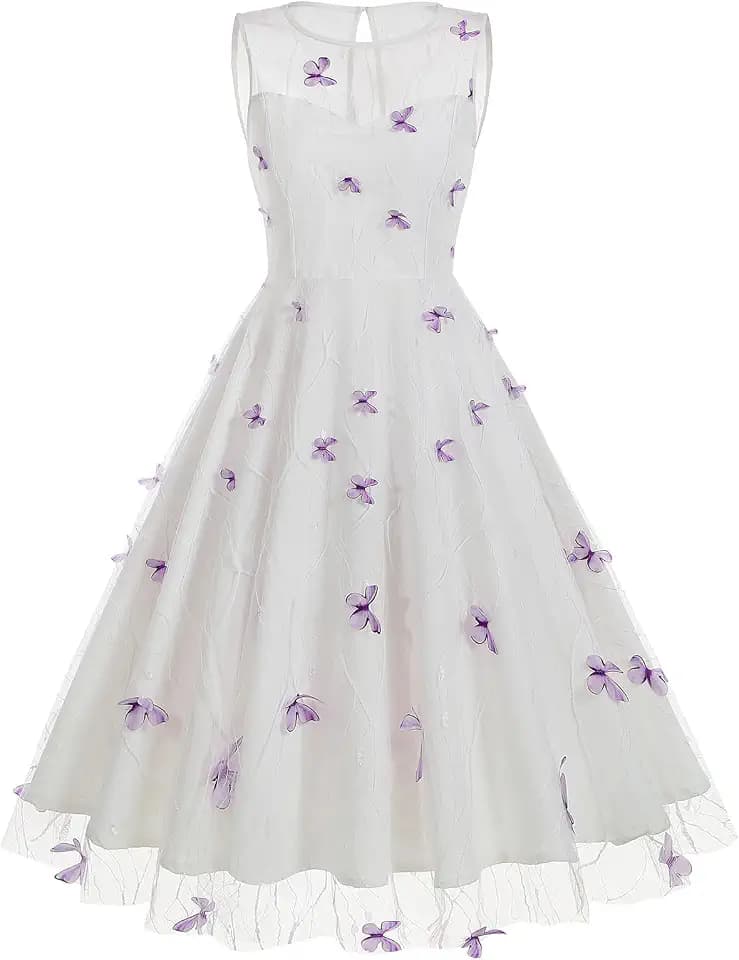 White Butterfly Dress for Women Purple Butterfly Tulle Women Butterfly Embroidered Homecoming Dress Sleeveless Short White Cocktail Formal Vintage Cocktail Party Swing Dresses Purple XL