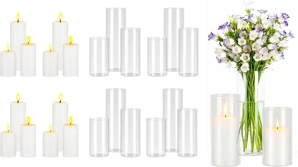 VEVOR Pillar Candles and Glass Vases Set 24 Pcs, Clear Cylinder Hurricane Candle Holders for Wedding Centerpieces, Tall Vase for Table Decor, Wedding Party, Thanksgiving,White (2.56" x 4.7",5.9",7.9")