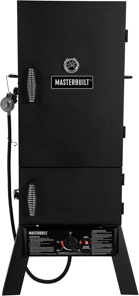 Masterbuilt 30-Inch Dual Fuel Propane & Charcoal Vertical Smoker with 730 Sq. In. Cooking Space, Push-Button Ignition, Temperature Gauge, 4 Smoking Racks, Black