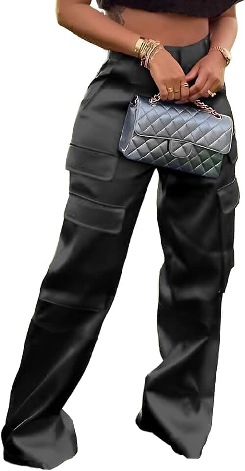 Baczoe Sexy Satin Cargo Pants for Women High Waisted Wide Leg Party Outfits