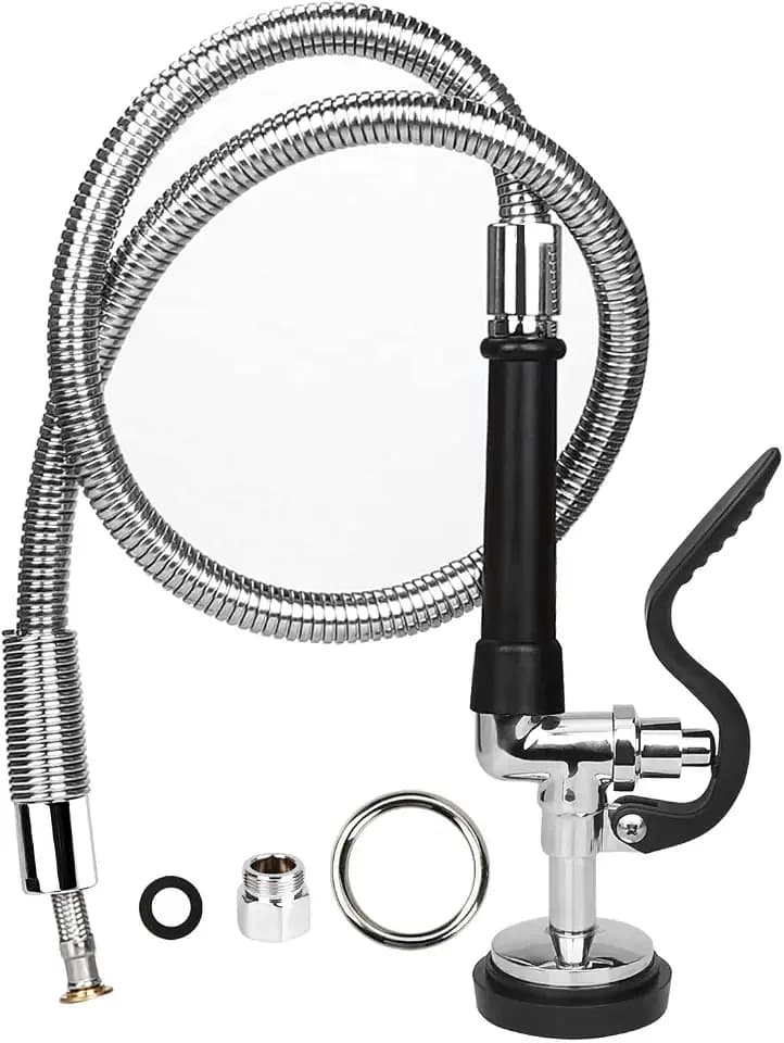 COOLWEST Pre-Rinse Hose with Spray Valve 44 Inch Flexible Stainless Hose with Sprayer Nozzle Head Replacement Kit for Commercial Kitchen Sink Faucet(Free Brass Adapter to Connect Add-on Swivel Spout)