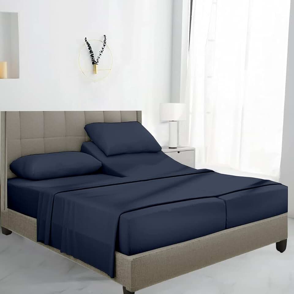 SKY BEDDINGS Split King Sheet Set, 100% Egyptian Cotton Sateen, Navy Blue