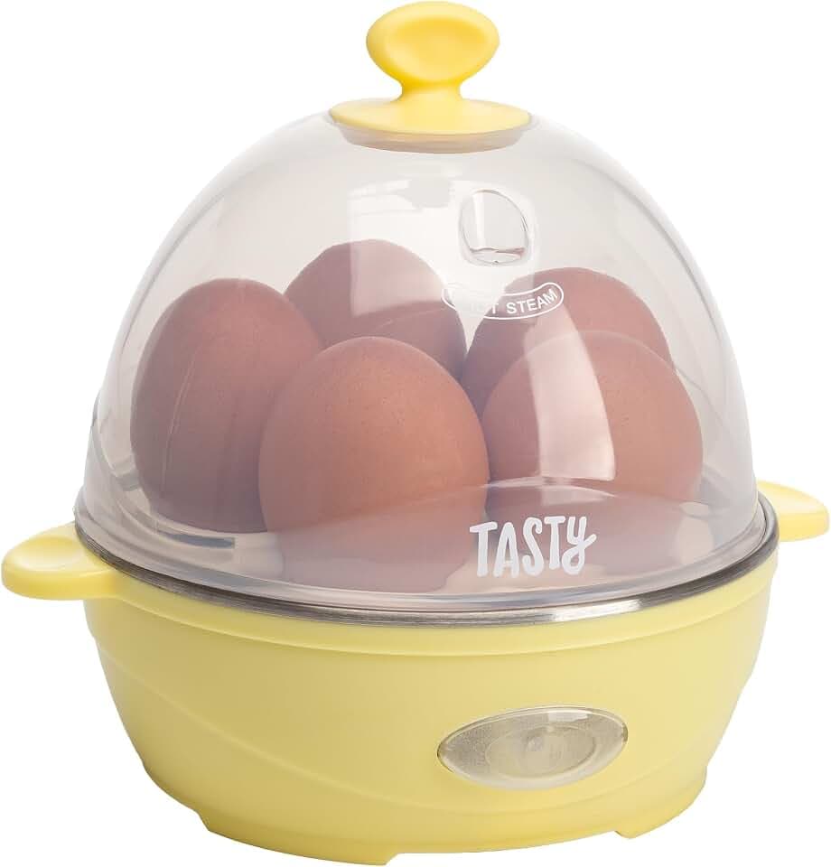 Tasty Mini Rapid Egg Cooker, 5-Egg Capacity for Perfect Hard Boiled Eggs or Omelets, Auto Shut Off, Yellow