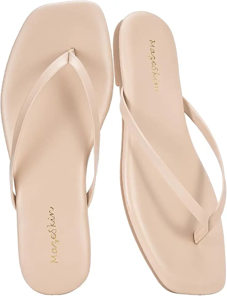 mazeskin Womens Memory Foam Flip Flops Leather Flat Sandals