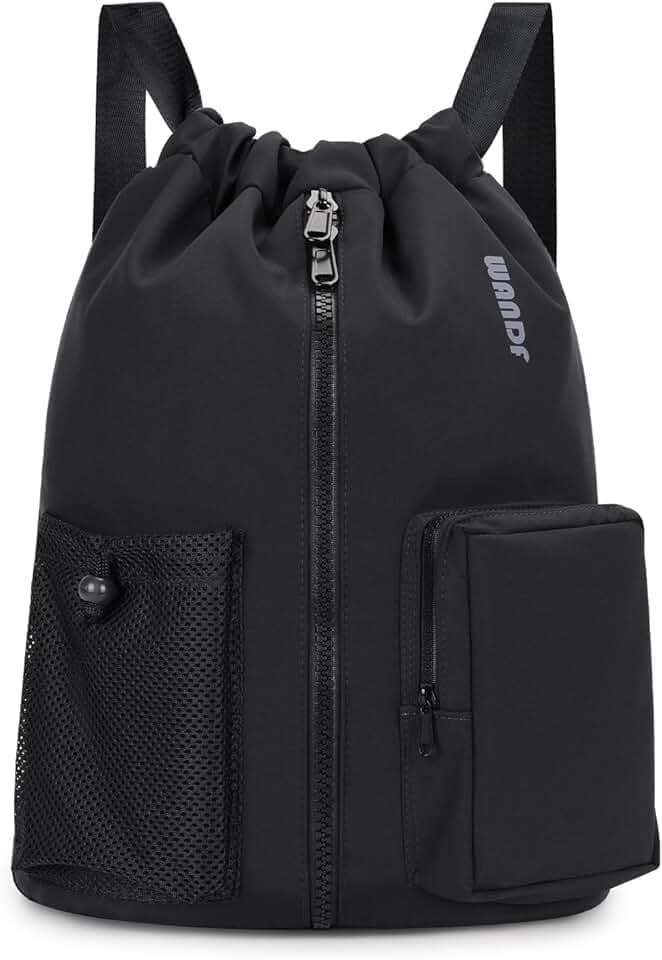 WANDF Turnbeutel mit Schuhfach, Sportbeutel Wasserabweisend,Gym Bag mit Kordelzug für Damen Herren Kinder,Große Kapazität Rucksack für Sport,Schwimmen,Reisen,Schule (Schwarz)
