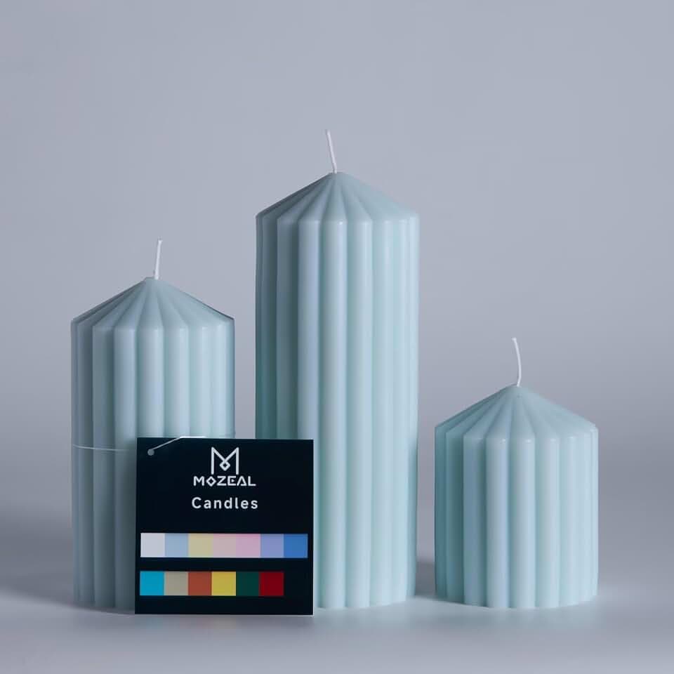 MOZEAL Hand-Poured Pointed Ribbed Soy Pillar Candles Set of 3 - Decorative Baby Blue Unscented Dripless Smokeless (4",6",8") 300 Hr Burn - Stylish Wedding Décor