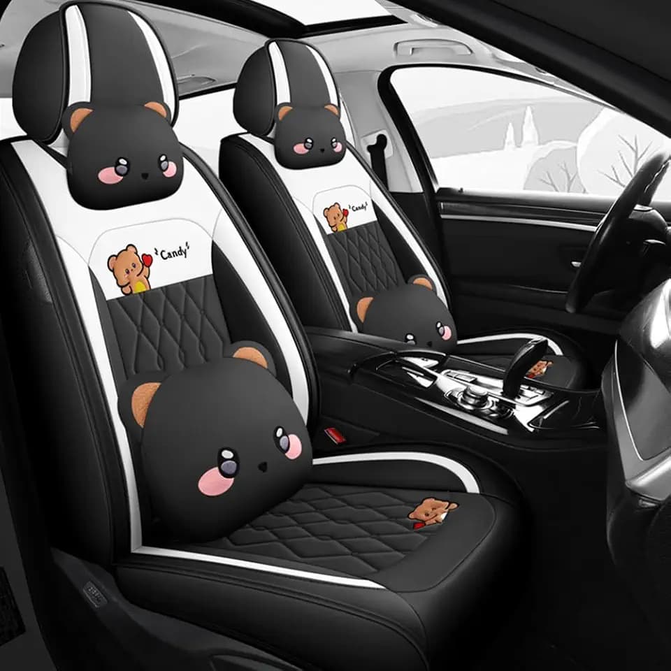 Cartoon Bear car seat Cover 5 Set for Girl Women with PU Leather for Cars SUV Pick-up Truck Universal Fit Set (Black)
