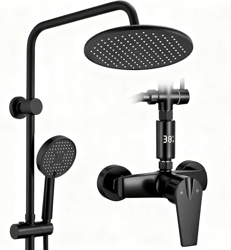 HOMELODY Duschsystem mit Armatur Schwarz, 25 cm Regendusche, LED-Anzeige