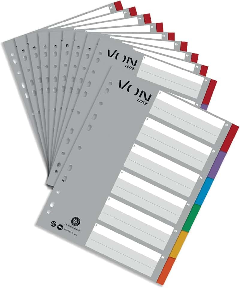 VON Leitz 10er Pack 6-teiliges Register A4, Blanko Trennblätter für Ordner, Extra breit, 100 % Recycling-Karton, 11-Loch-Universalregister für Hefter & Ringbücher, Mehrfarbig, 12950000