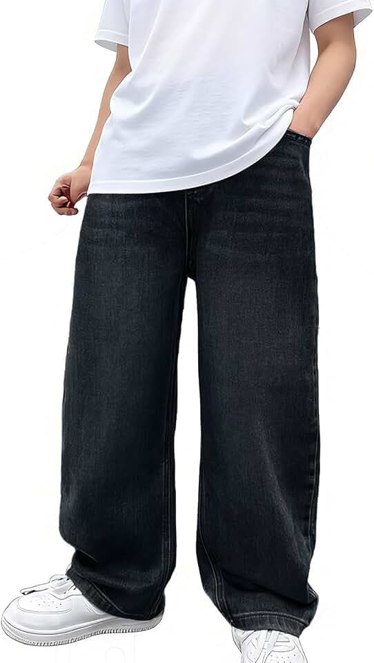 Teen Boys Baggy Jeans Elastic Waisted Wide Leg Pull On Denim Pants
