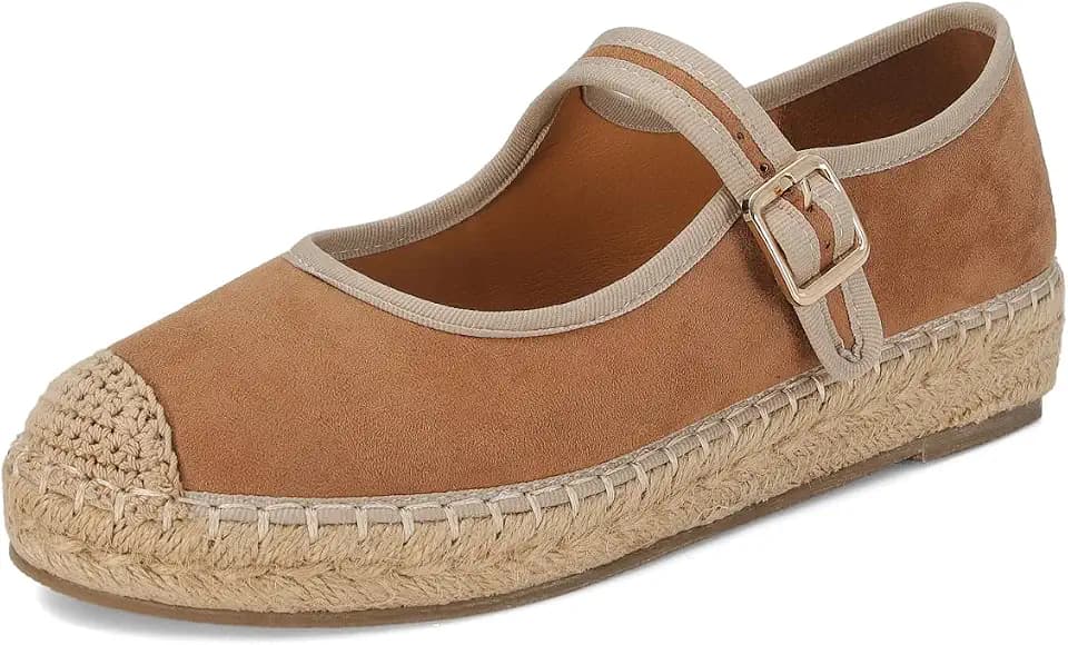 SOVANYOU Tan Mary Jane Flats for Women Woven Espadrille Platform Mary Jane Shoes Brown Suede Leather Ballet Flat US9
