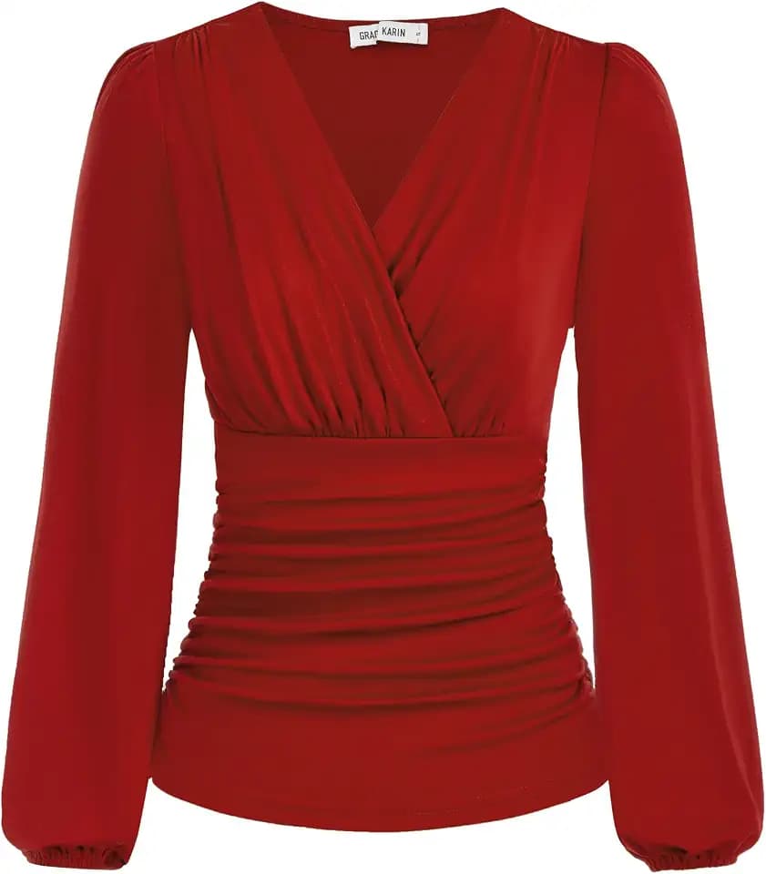 GRACE KARIN Damen V-Ausschnitt Wickelbluse Slim Plissee Elegante Oberteile