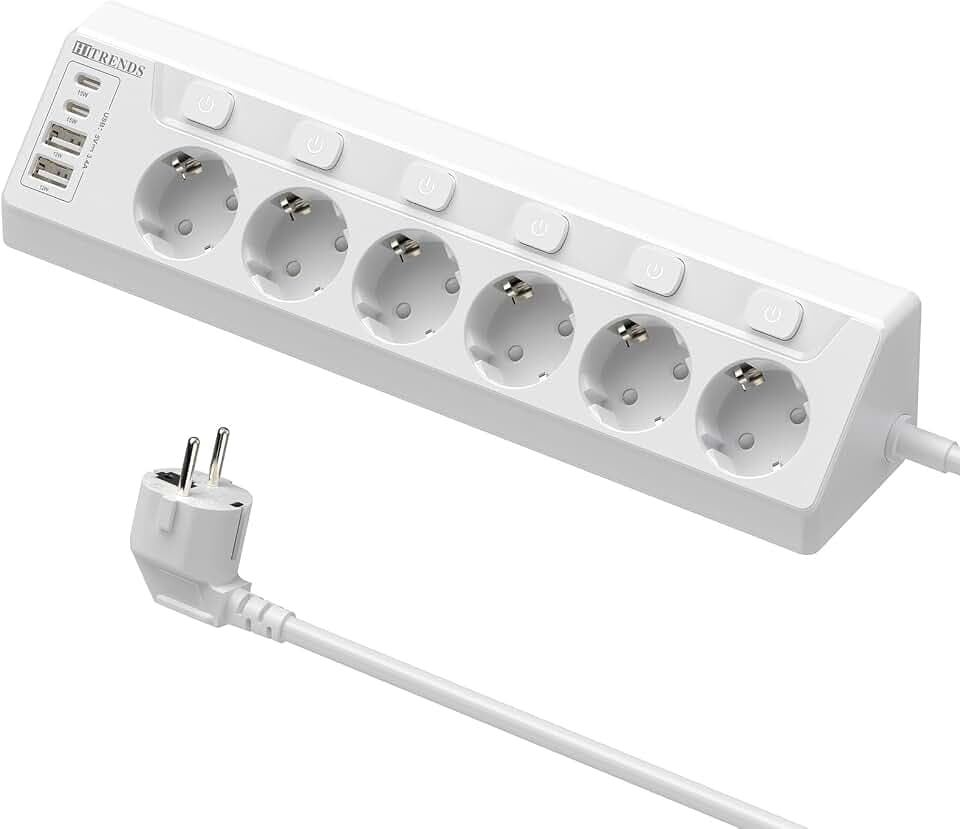 Ecksteckdose mit 2 USB und 2 Type-C, 6 Fach Mehrfachsteckdose mit Einzelne Schalter, Steckdosenleiste mit 2M Verlängerungskabel für Schreibtisch, Ecken - Weiß