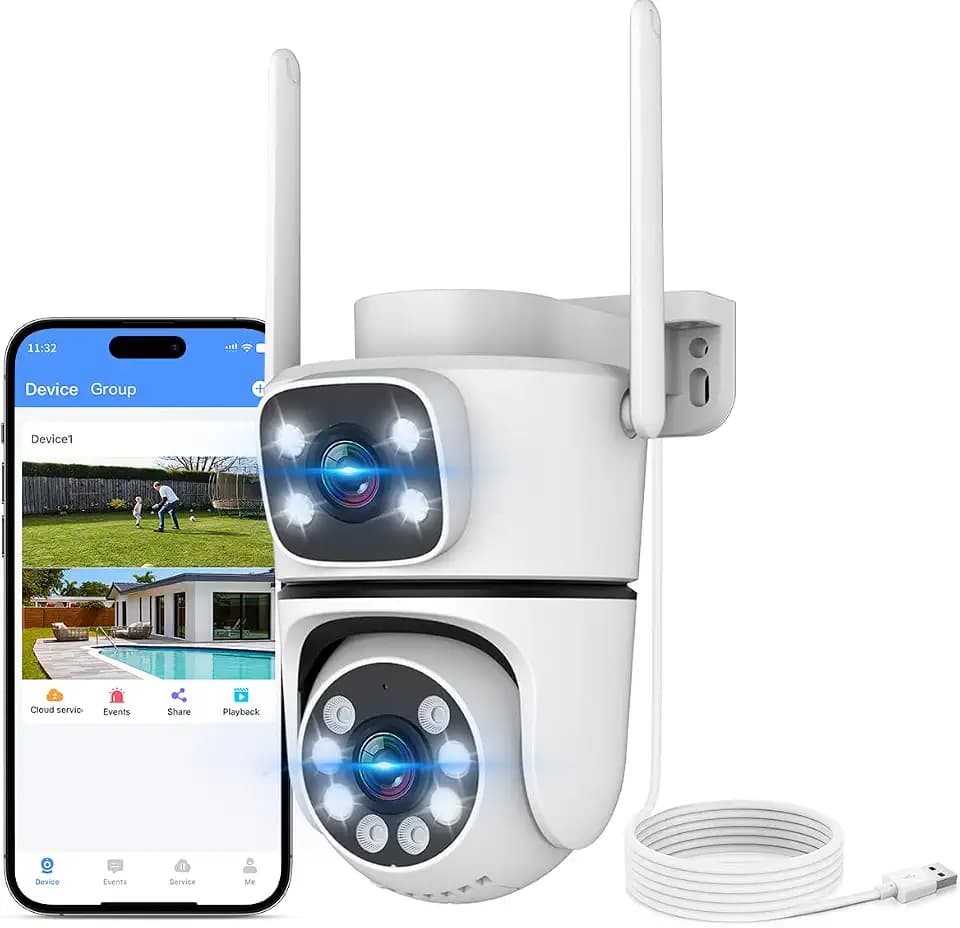 OHWOAI Dual View Wireless Outdoor Security Camera, 2.4G/5G WiFi PTZ Surveillance Cameras with Color Night Vision for Home Security