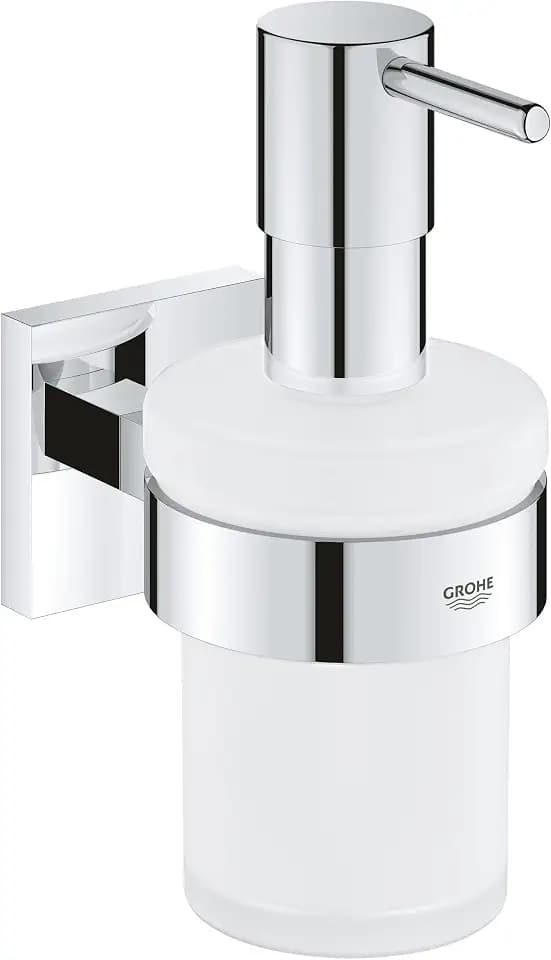 GROHE Start Cube, klebbarer Seifenspender für das Bad, ohne Bohren (Füllmenge: 160ml, mit Halter, verdeckte Befestigung, inkl. Schrauben und Dübel, Kleber separat kaufen), eckig, chrom, 41098000