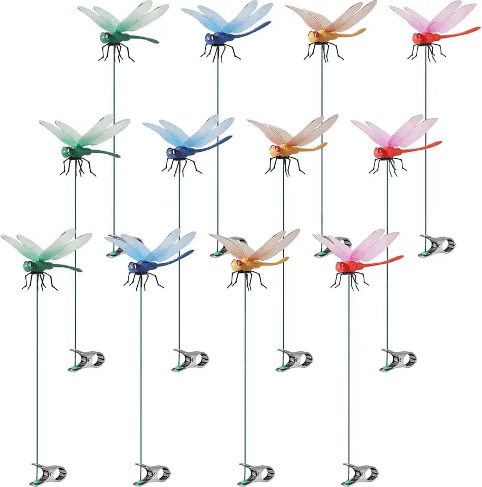 Artificial Dragonfly Pole Clips for Outdoors,Dragonfly Hat Clip,3D Dragonfly Garden Decorative Clips,Horticultural Dragonfly Decoration 12Pcs