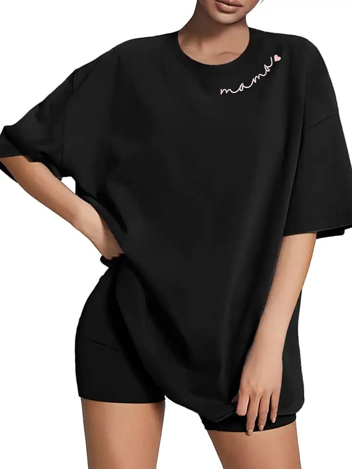 Mama Shirt for Women Embroidered Mama Letter Print Oversized T-Shirt Mom Life Short Sleeve Tee