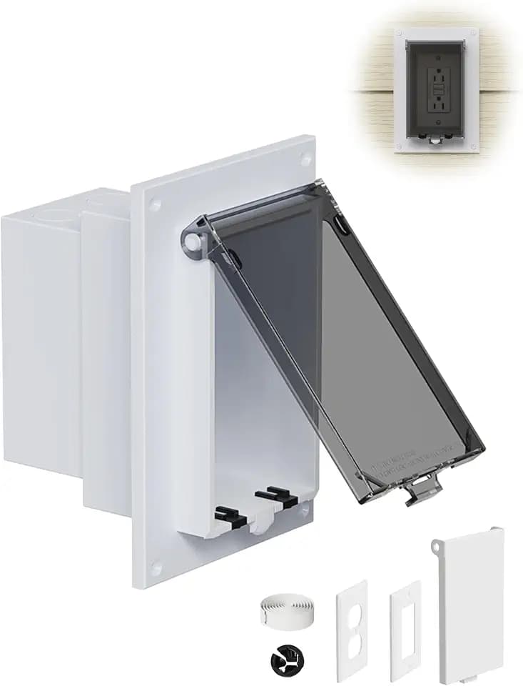 DBVR1W-1 Low Profile IN BOX Exterior Box, Outdoor Recessed Outlet Electrical Box for Wet Location, Recessed Non-Metallic Exterior Outlet Box with 2 Weatherproof Covers, Vertical, 1-Gang, Clear & White