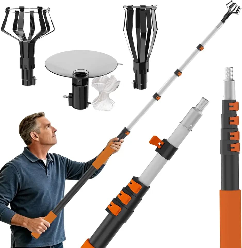 Buyplus 26FT Reach Light Bulb Changer for High Ceilings with 5-20FT Telescopic Extension Pole, Easy Flip-Tab Lock Bulb Changing Pole Extension with Basket and Suction Cup for Recessed Lights