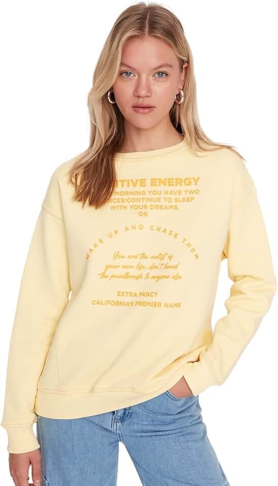 TRENDYOL Damen Crew Neck with Slogan Figurbetont Sweatshirt