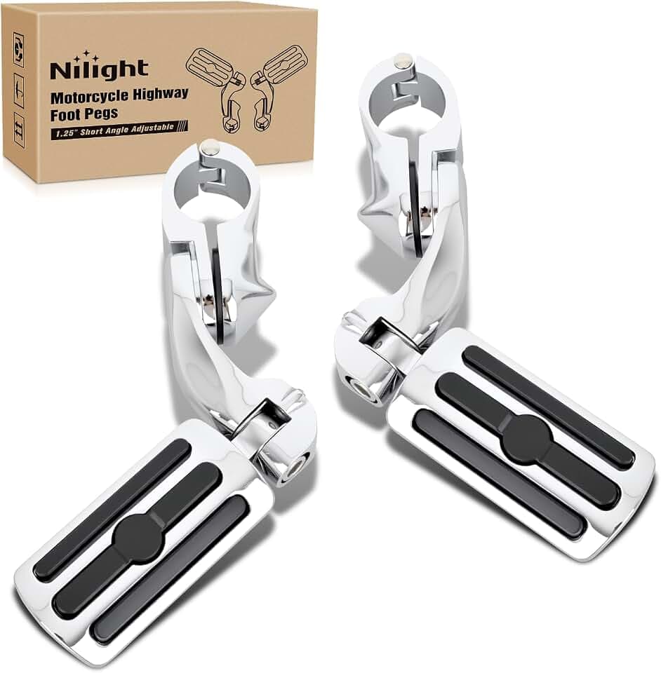 Nilight 1-1/4" Motorcycle Highway Pegs For Harley Touring Street Glide Electra Glide Road King CVO Dyna Trike Sportster Adjustable Short Angled Foot Pegs Universal For 1.25" Engine Guard Crash Bars
