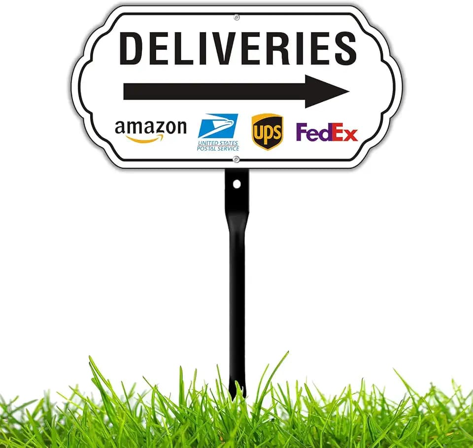 Deliveries Signs,12”x6” Aluminum Metal Sign with Arrow Right with 18” Strong Steel Stake Easy Installation Delivery Instruction for Packages Deliver