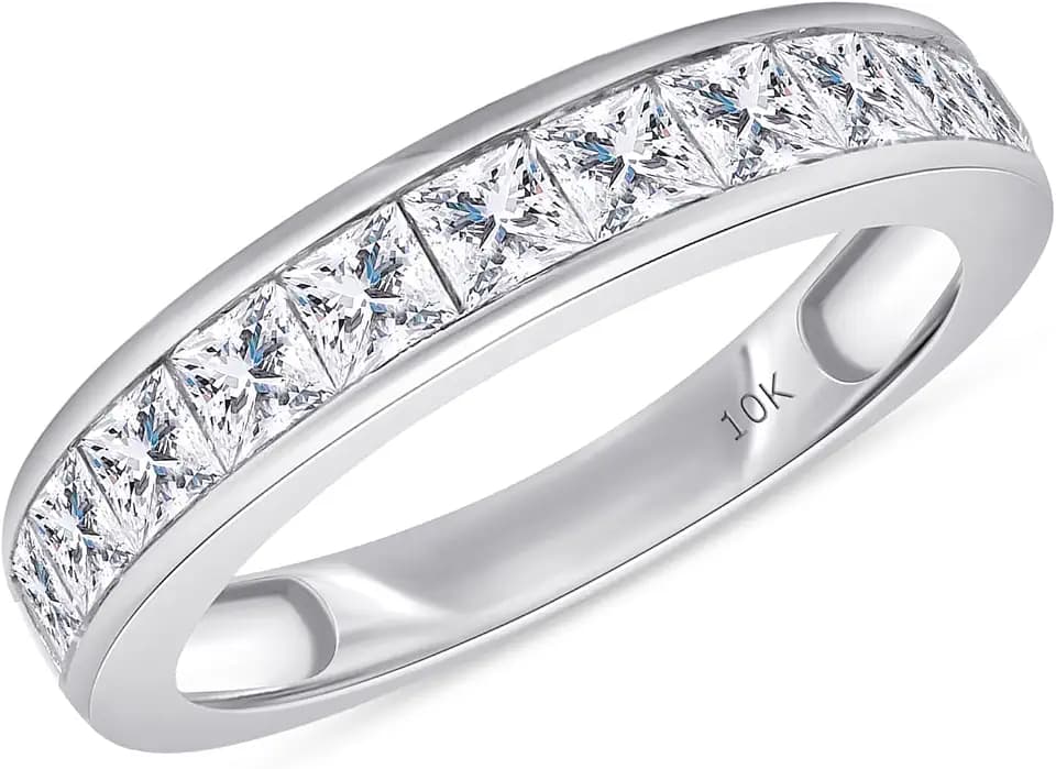 2.5MM Princess Cut Lab Grown Diamond & Lab Created Moissanite Wedding Band Half Eternity Ring For Women In 925 Sterling Silver & 10K/14K Solid Gold Stackable Promise Ring 1 Cttw (Clarity VVS1)
