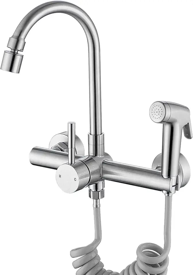 Wall Mount Kitchen Faucet with Side Sprayer, Commercial Sink Taps