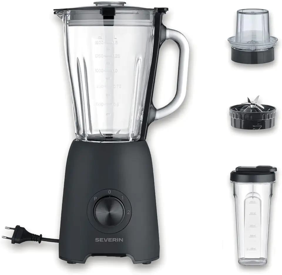 Severin Standmixer, Smoothie Maker, Blender elektrisch, 1,5L, 2 Stufen, Impulsfunktion, spülmaschinengeeignete Teile, Edelstahlmesser, inkl. to go Behälter und Mühlen-Aufsatz, 600W, schwarz, SM 3724